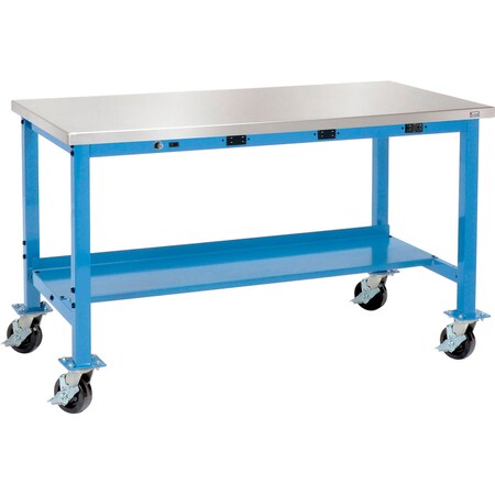Global Industrial 72 x 30 Mobile Lab Workbench, Power Apron, Stainless Square Edge, Blue 249427BL